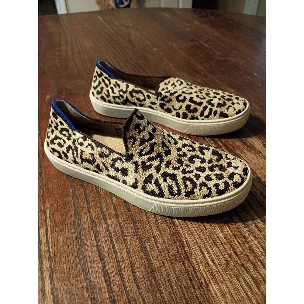 5.5 Rothys Leopard Animal Print Slip On Sneakers Casual Shoes Tan Brown Blue